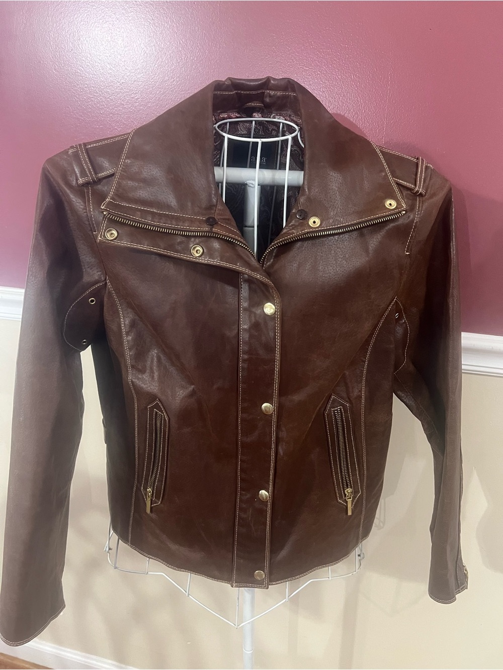 Classic Brown Faux Leather Moto Jacket with Gold Hardware